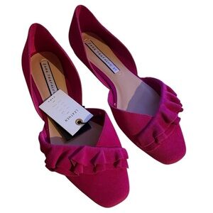 New Zara Magenta Ruffle Front D’Orsay Flats Leather Upper